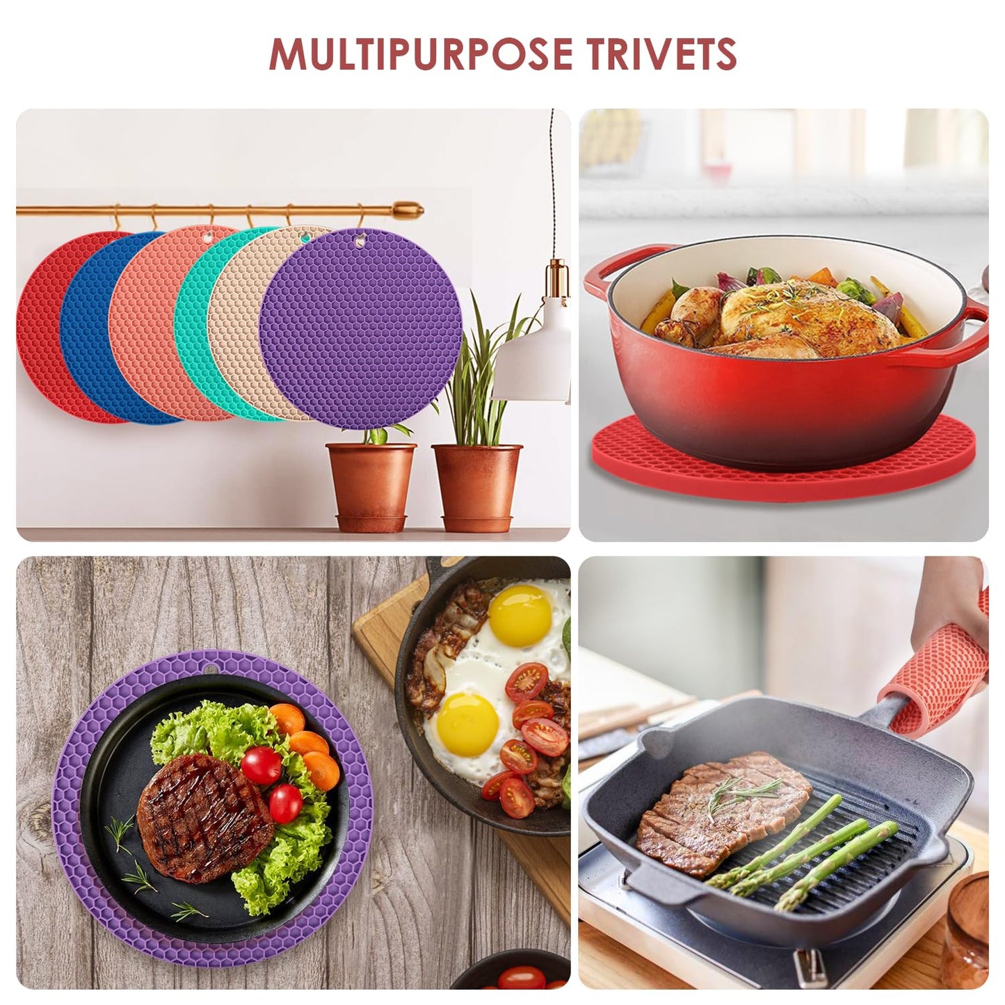 Silicone Trivets for Dishes, Multi-Purpose Pot Holders 4PCS 2 Sizes 7 Inch & 9 Inch, Non-Slip Silicone Trivet Mats Hot Pads for Kitchen Counter, Trivet for Hot Pots and Pans (Blue)