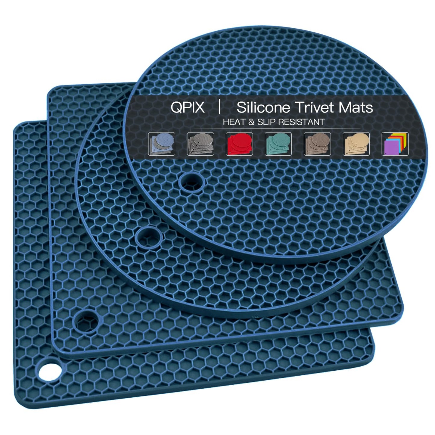 Silicone Trivets for Dishes, Multi-Purpose Pot Holders 4PCS 2 Sizes 7 Inch & 9 Inch, Non-Slip Silicone Trivet Mats Hot Pads for Kitchen Counter, Trivet for Hot Pots and Pans (Blue)