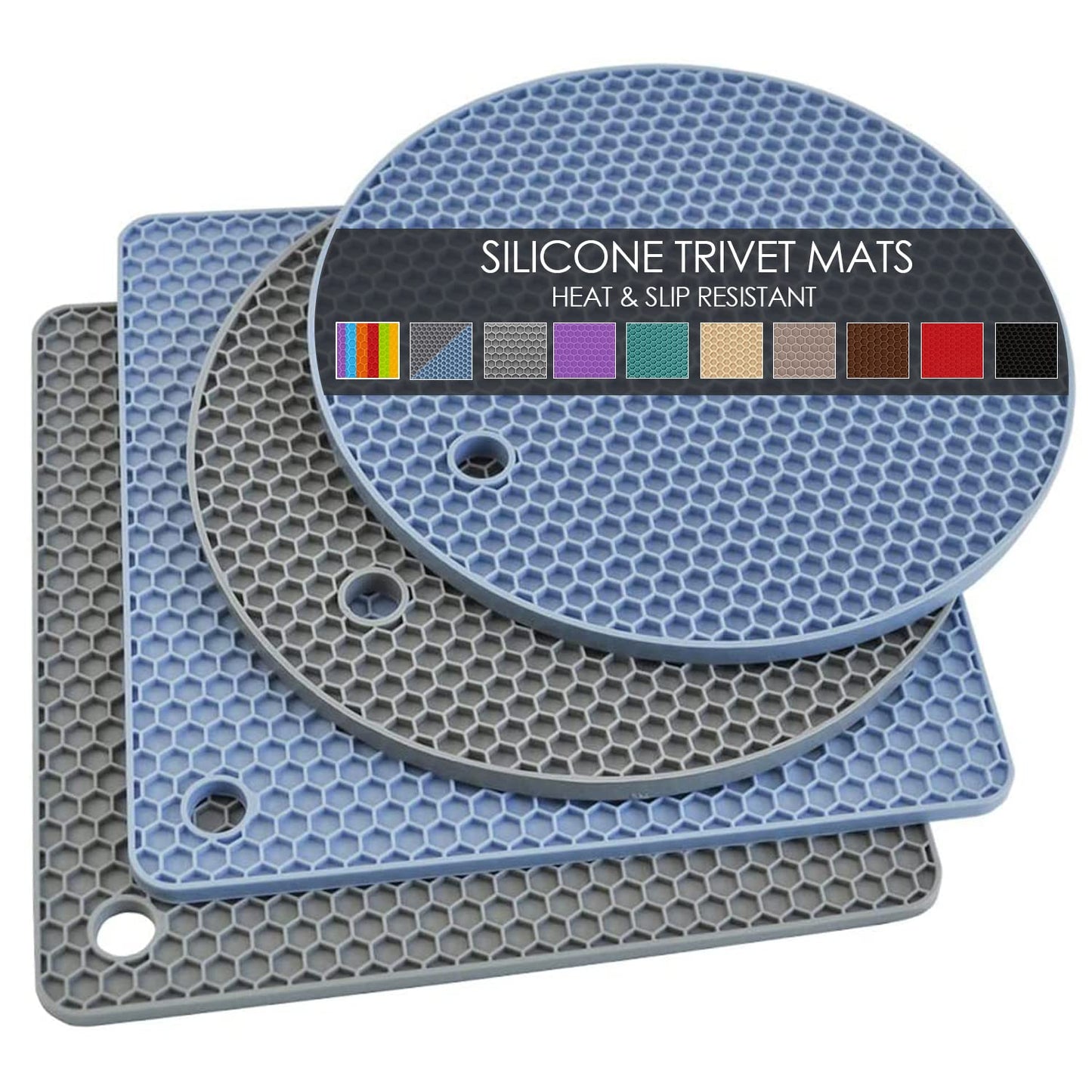 Silicone Trivets for Dishes, Multi-Purpose Pot Holders 4PCS 2 Sizes 7 Inch & 9 Inch, Non-Slip Silicone Trivet Mats Hot Pads for Kitchen Counter, Trivet for Hot Pots and Pans (Blue)