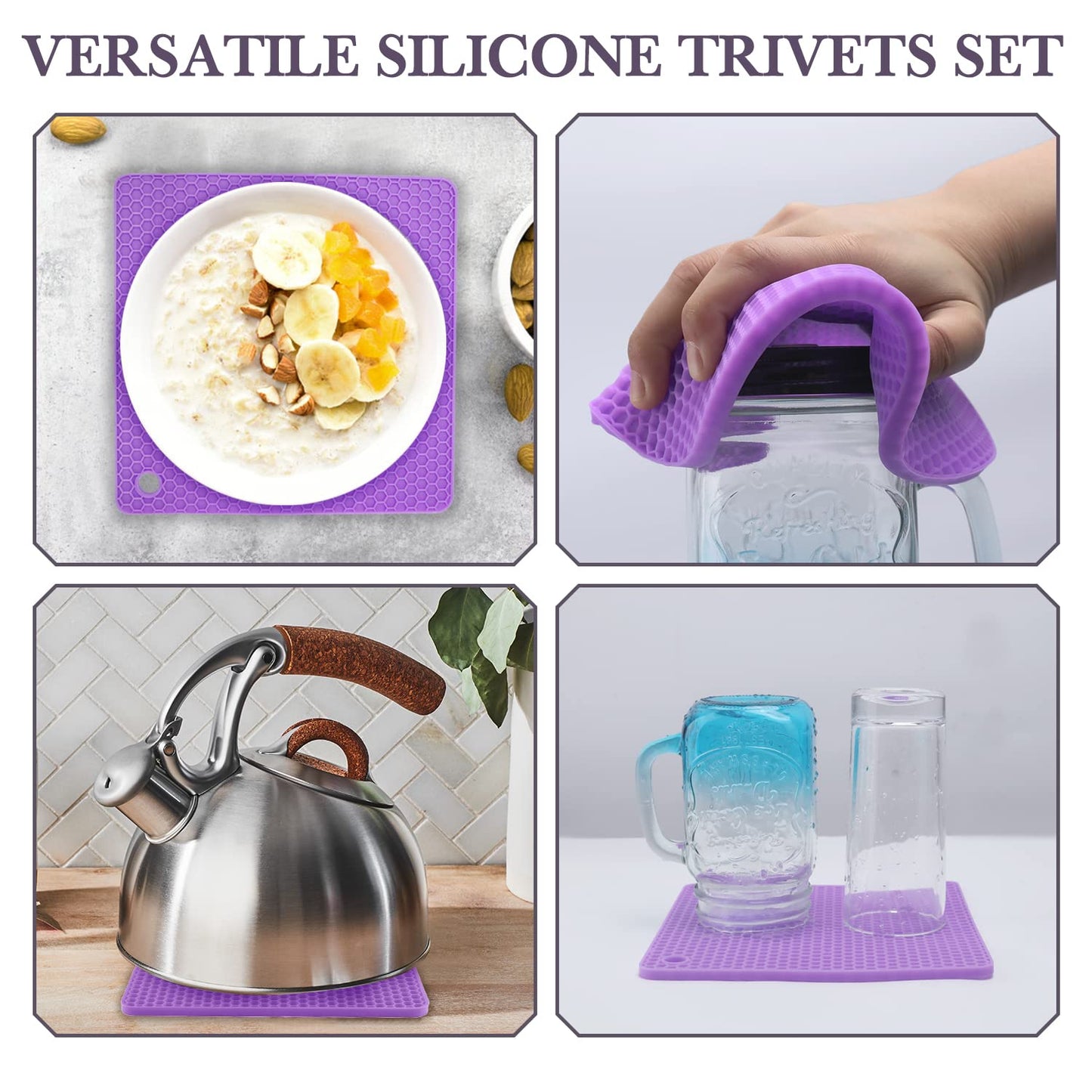 Silicone Trivets for Dishes, Multi-Purpose Pot Holders 4PCS 2 Sizes 7 Inch & 9 Inch, Non-Slip Silicone Trivet Mats Hot Pads for Kitchen Counter, Trivet for Hot Pots and Pans (Blue)