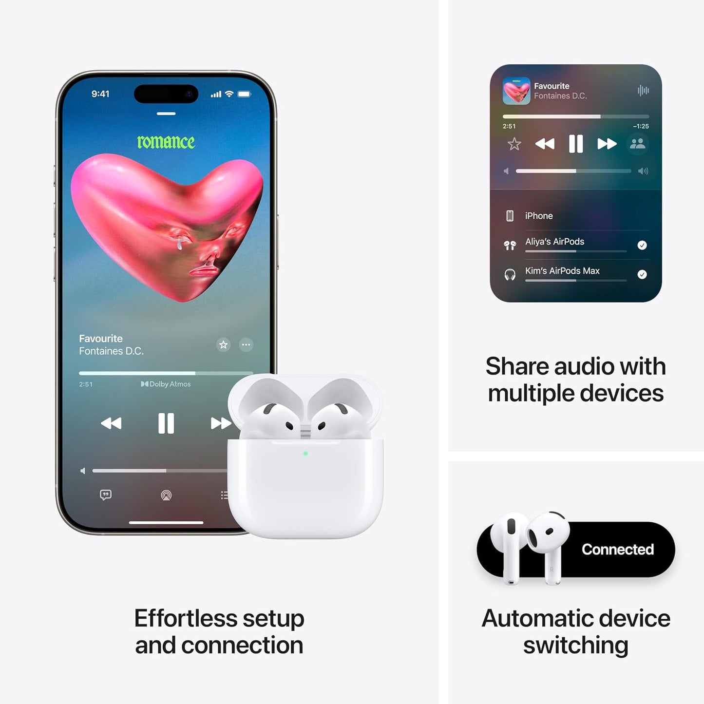 Apple AirPods 4 Wireless Earbuds, Bluetooth Headphones, Personalized Spatial Audio, Sweat- and Water-Resistant, USB-C Charging Case, H2 Chip, Up to 30 Hours of Battery Life