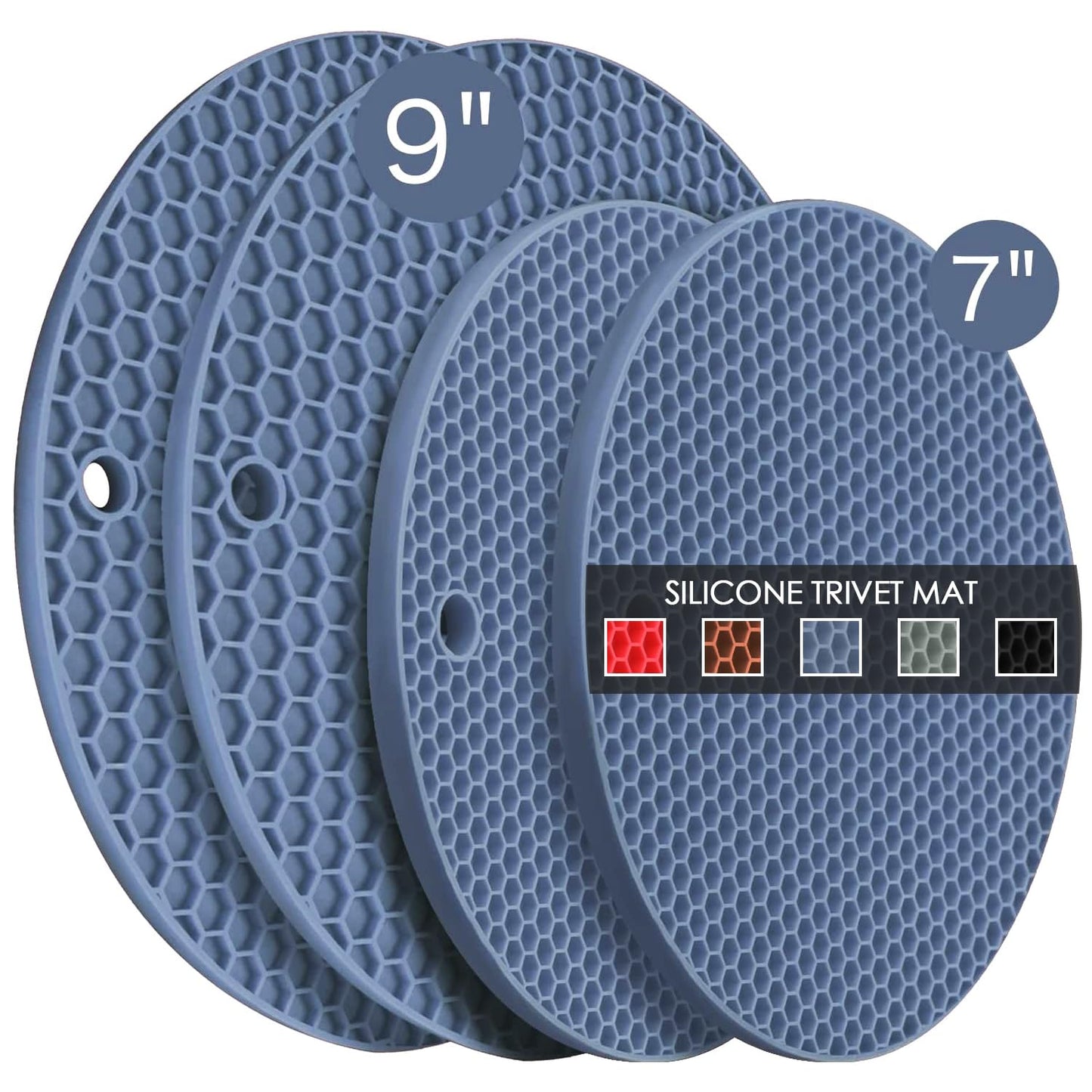 Silicone Trivets for Dishes, Multi-Purpose Pot Holders 4PCS 2 Sizes 7 Inch & 9 Inch, Non-Slip Silicone Trivet Mats Hot Pads for Kitchen Counter, Trivet for Hot Pots and Pans (Blue)