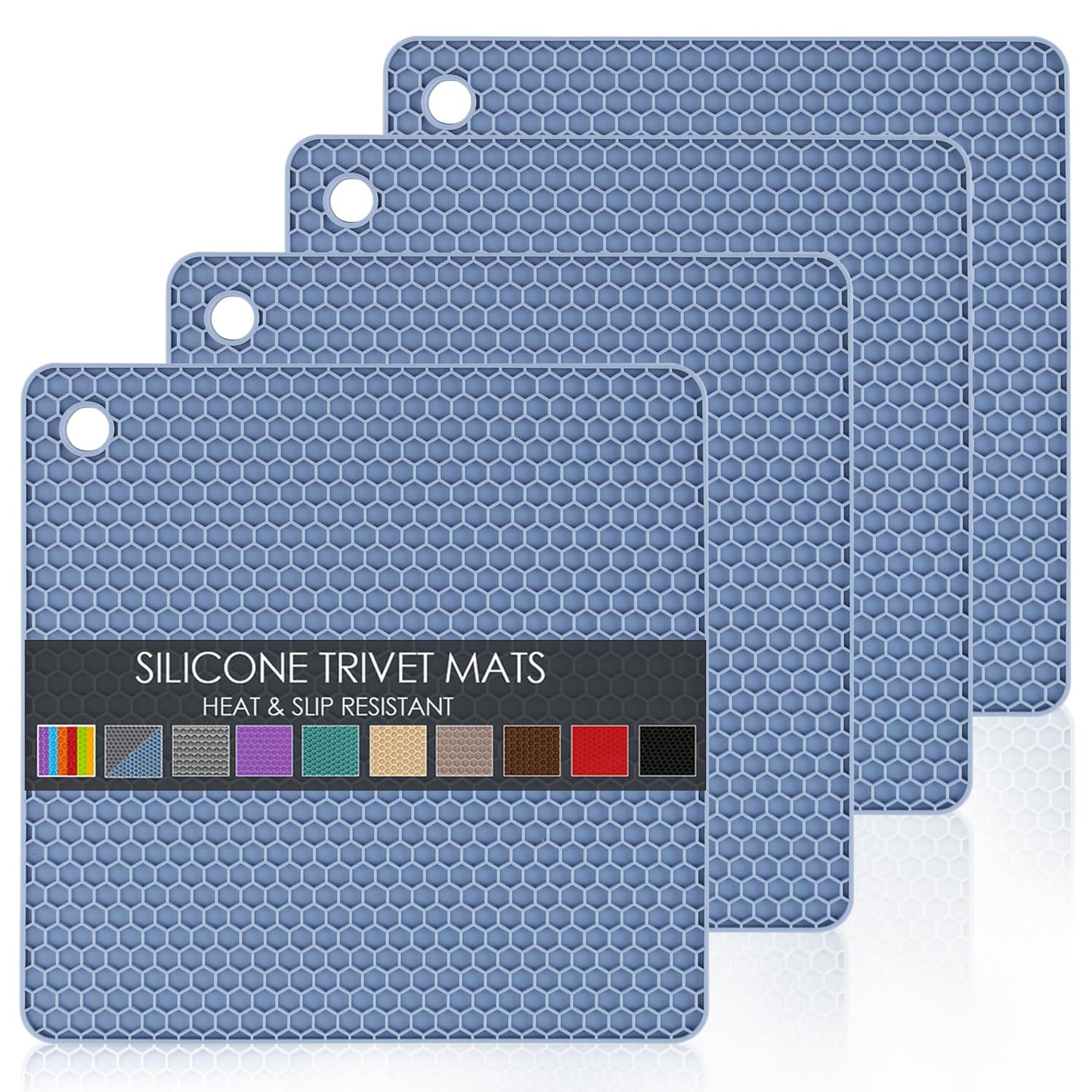Silicone Trivets for Dishes, Multi-Purpose Pot Holders 4PCS 2 Sizes 7 Inch & 9 Inch, Non-Slip Silicone Trivet Mats Hot Pads for Kitchen Counter, Trivet for Hot Pots and Pans (Blue)