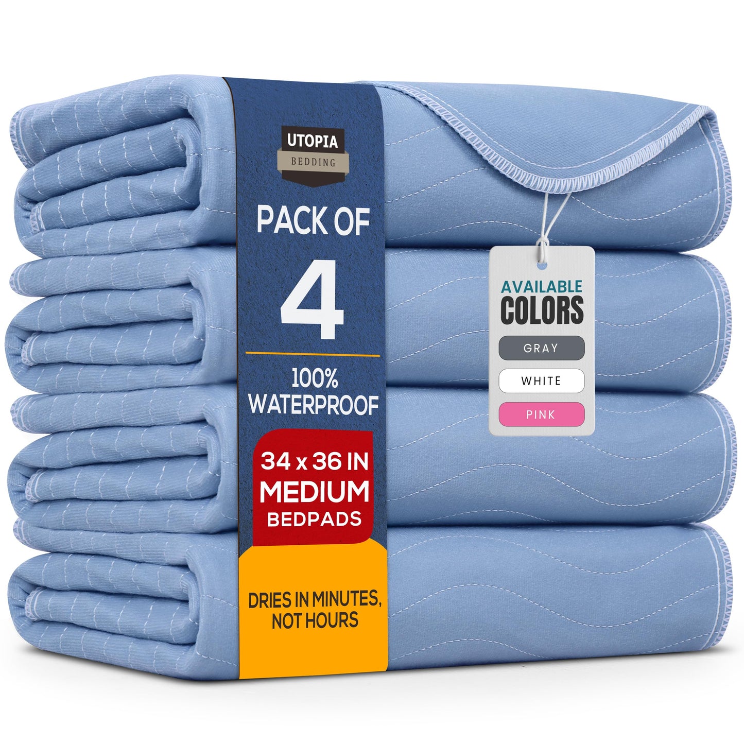 Utopia Bedding (Pack of 4) Waterproof Incontinence Pads Quilted Washable & Absorbent Bed Pad for Adults and Kids 34 x 36 inches (Blue)