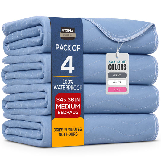 Utopia Bedding (Pack of 4) Waterproof Incontinence Pads Quilted Washable & Absorbent Bed Pad for Adults and Kids 34 x 36 inches (Blue)